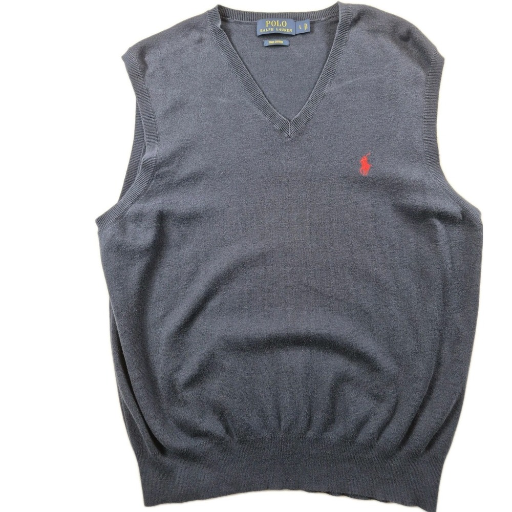 Polo Ralph Lauren Men's Large Pima Cotton V-Neck Sweater Vest Navy Blue Red Logo